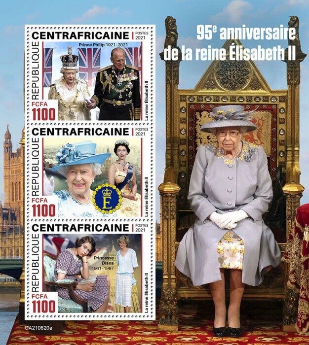 Central African Rep 2021 MNH Royalty Stamps Queen Elizabeth II 95th Bday 3v M/S