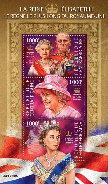Central African Rep 2015 MNH Royalty Stamps Queen Elizabeth II Long Reign 3v M/S