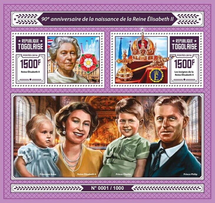Togo 2016 MNH Royalty Stamps Queen Elizabeth II 90th Birthday Anniv 2v S/S