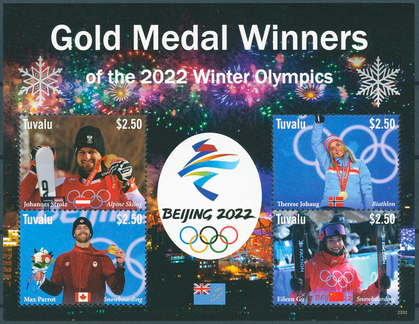 Tuvalu 2022 MNH Winter Olympics Stamps Beijing 2022 Gold Medal Winners 4v M/S