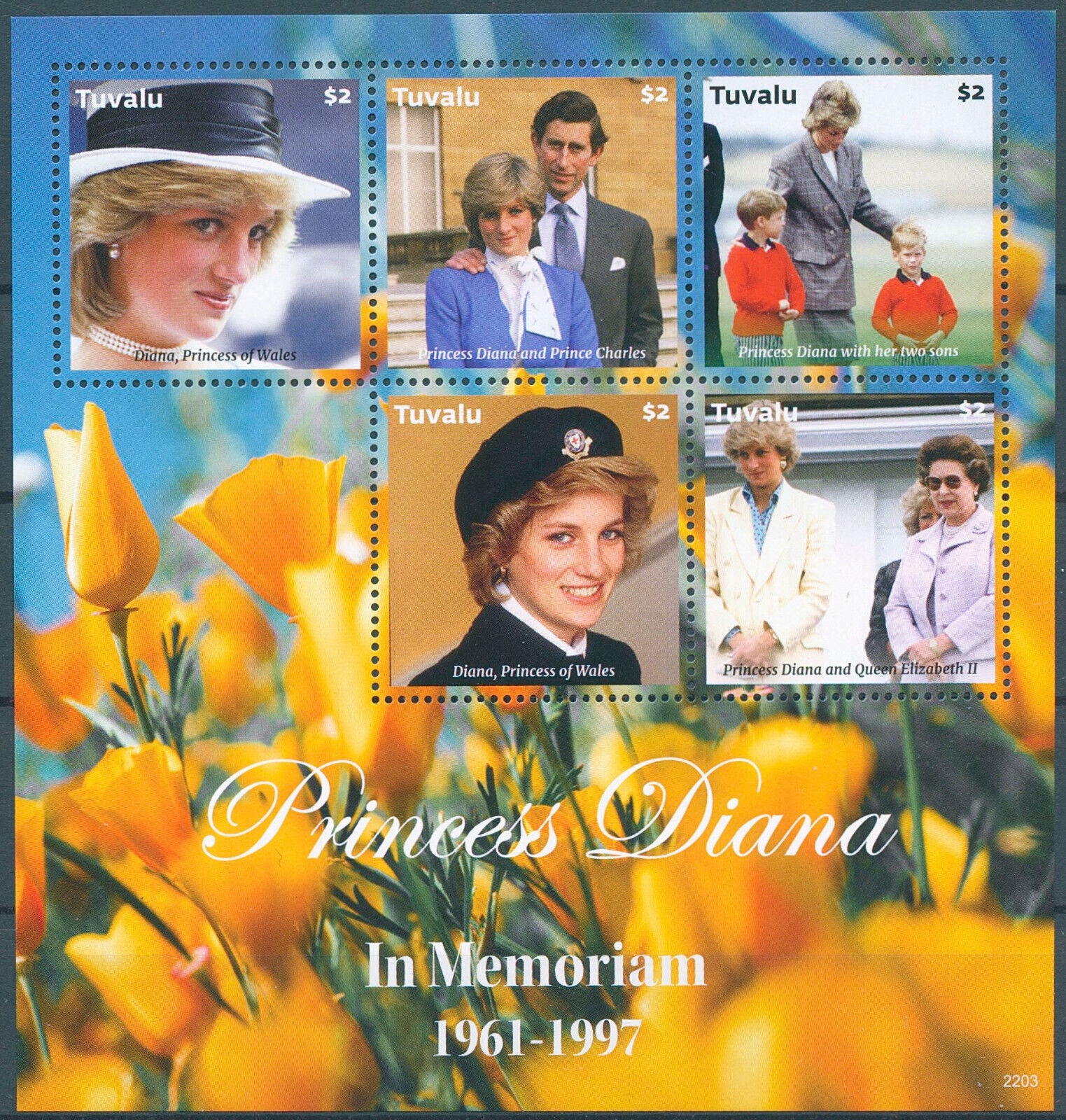Tuvalu 2022 MNH Royalty Stamps Princess Diana of Wales in Memoriam 5v M/S