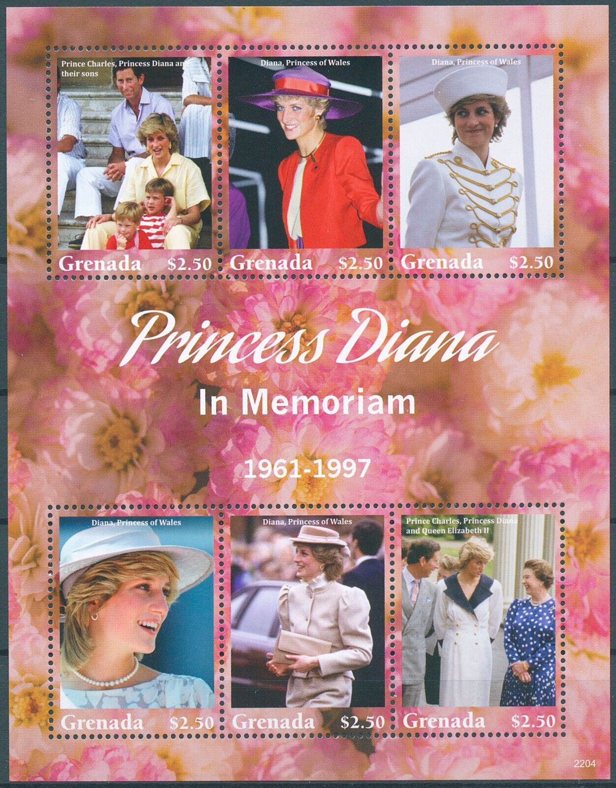 Grenada 2022 MNH Royalty Stamps Princess Diana of Wales in Memoriam 6v M/S