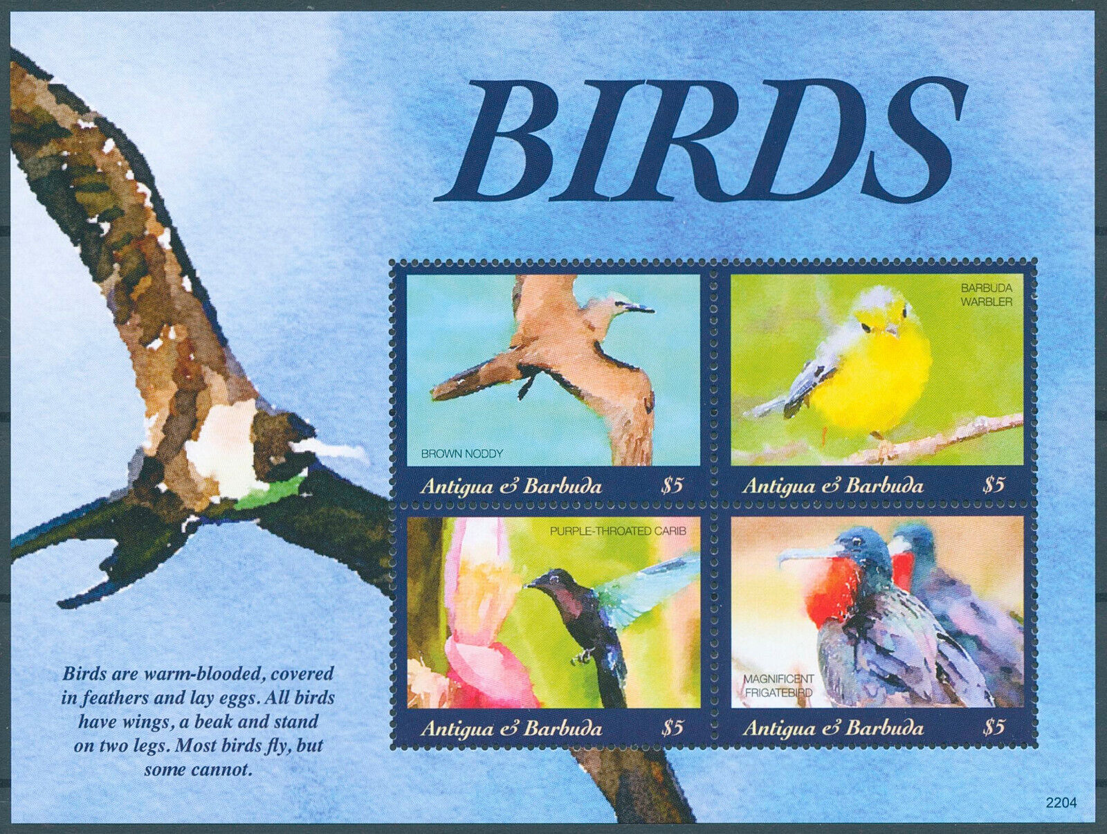 Antigua & Barbuda 2022 MNH Birds on Stamps Noddy Frigatebird Warblers 4v M/S