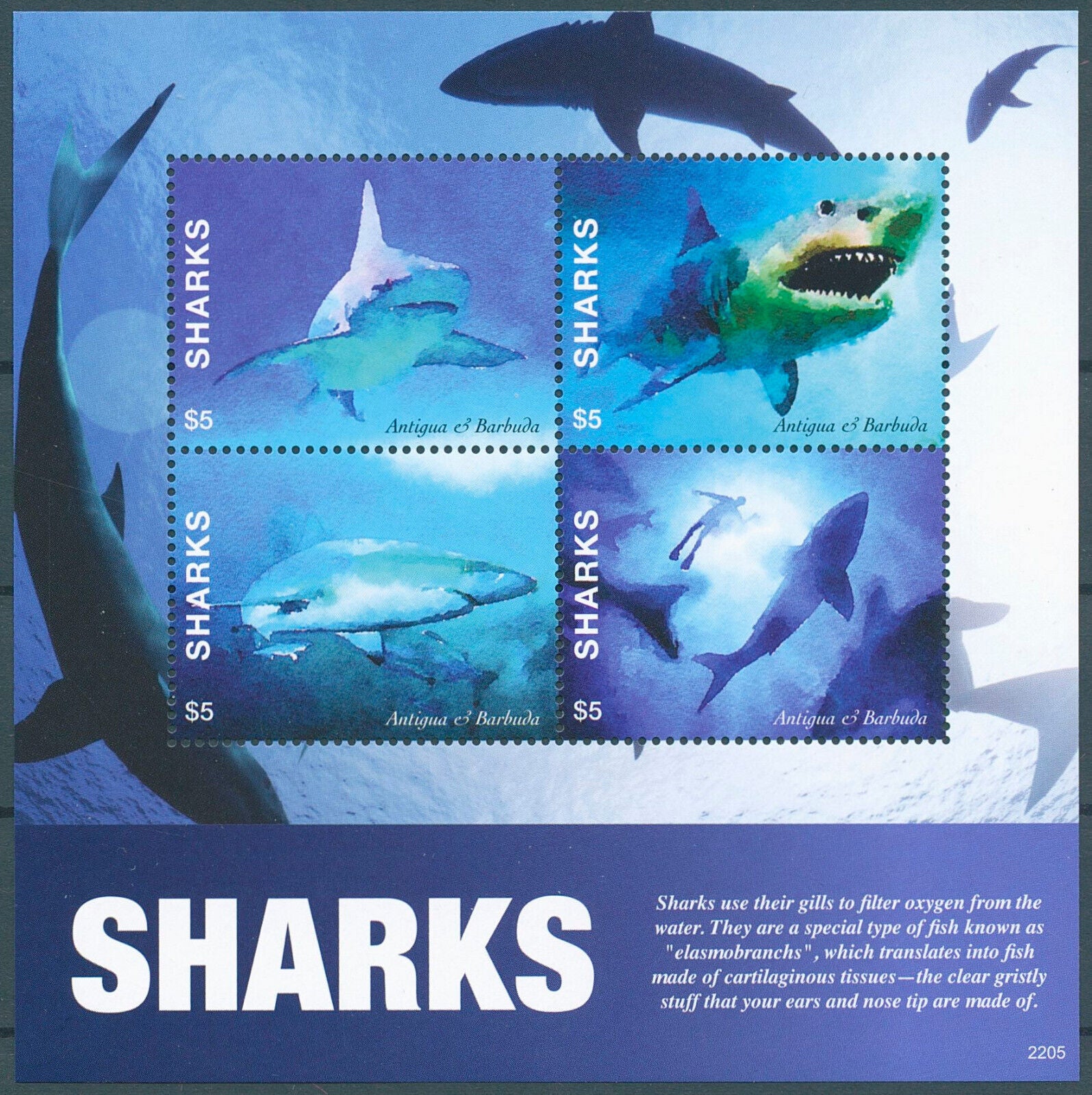 Antigua & Barbuda 2022 MNH Marine Animals Stamps Sharks Shark 4v M/S