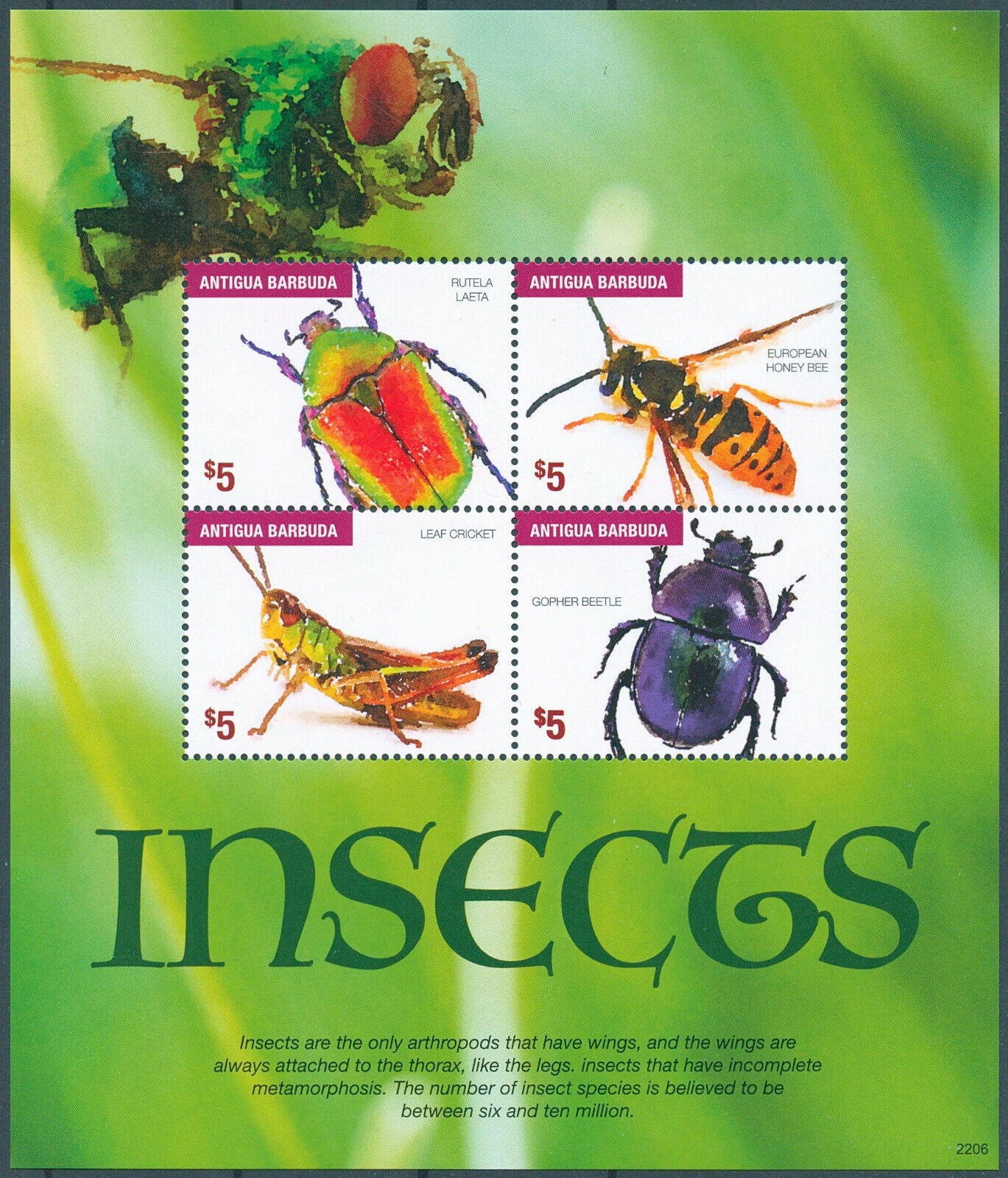 Antigua & Barbuda 2022 MNH Insects Stamps Beetles Honey Bees Crickets 4v M/S