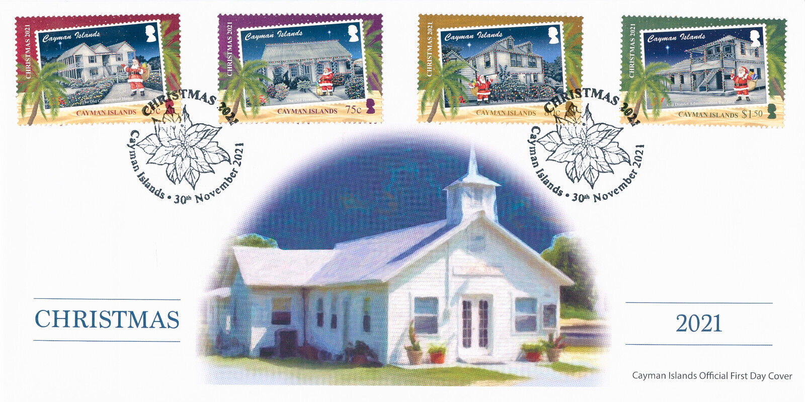 Cayman Islands 2021 FDC Christmas Stamps Santa Houses Architecture 4v Set