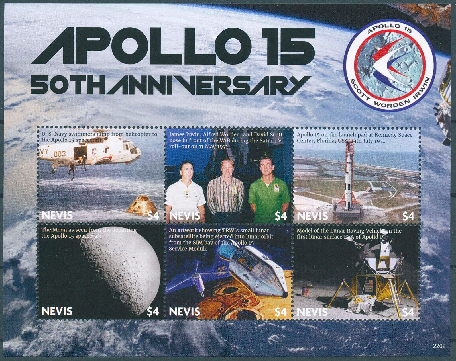 Nevis 2022 MNH Space Stamps Apollo 15 Moon Landing Irwin Worden Scott 6v M/S
