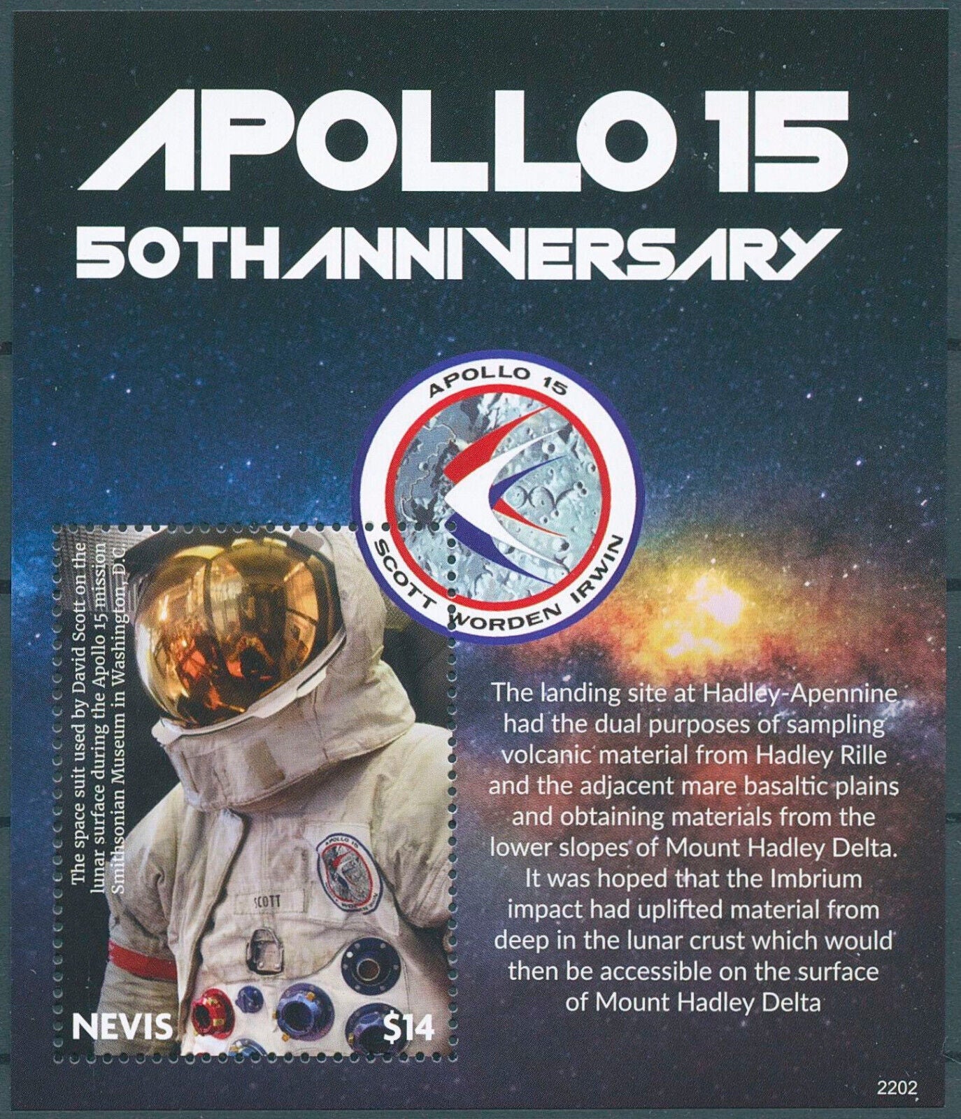 Nevis 2022 MNH Space Stamps Apollo 15 Moon Landing Irwin Worden Scott 1v S/S