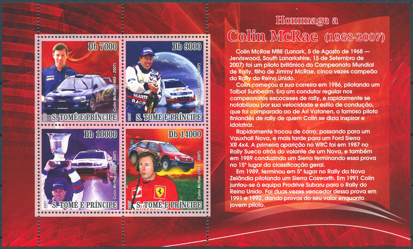 Sao Tome & Principe 2007 MNH Cars Stamps Colin McRae Auto Racing Sports 4v M/S