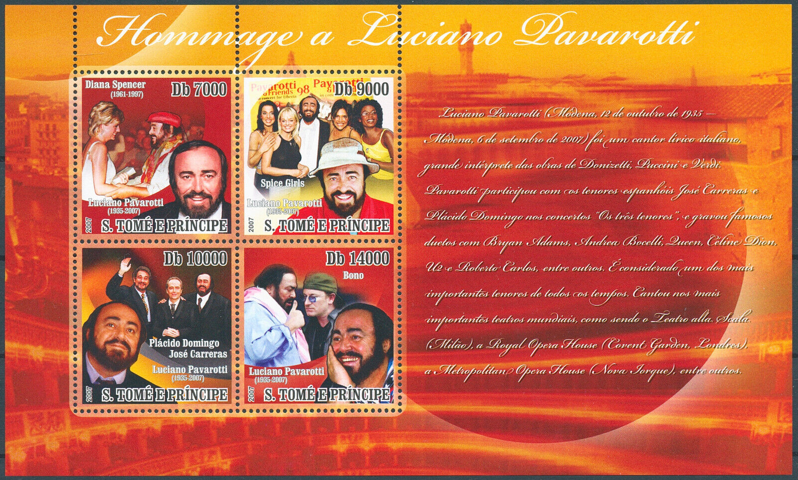 Sao Tome & Principe 2007 MNH Music Stamps Luciano Pavarotti Opera Diana 4v M/S