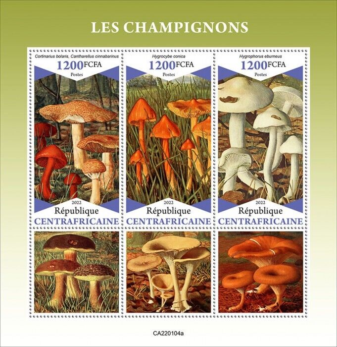 Central African Rep 2022 MNH Mushrooms Stamps Fungi Hygrocybe Mushroom 3v M/S
