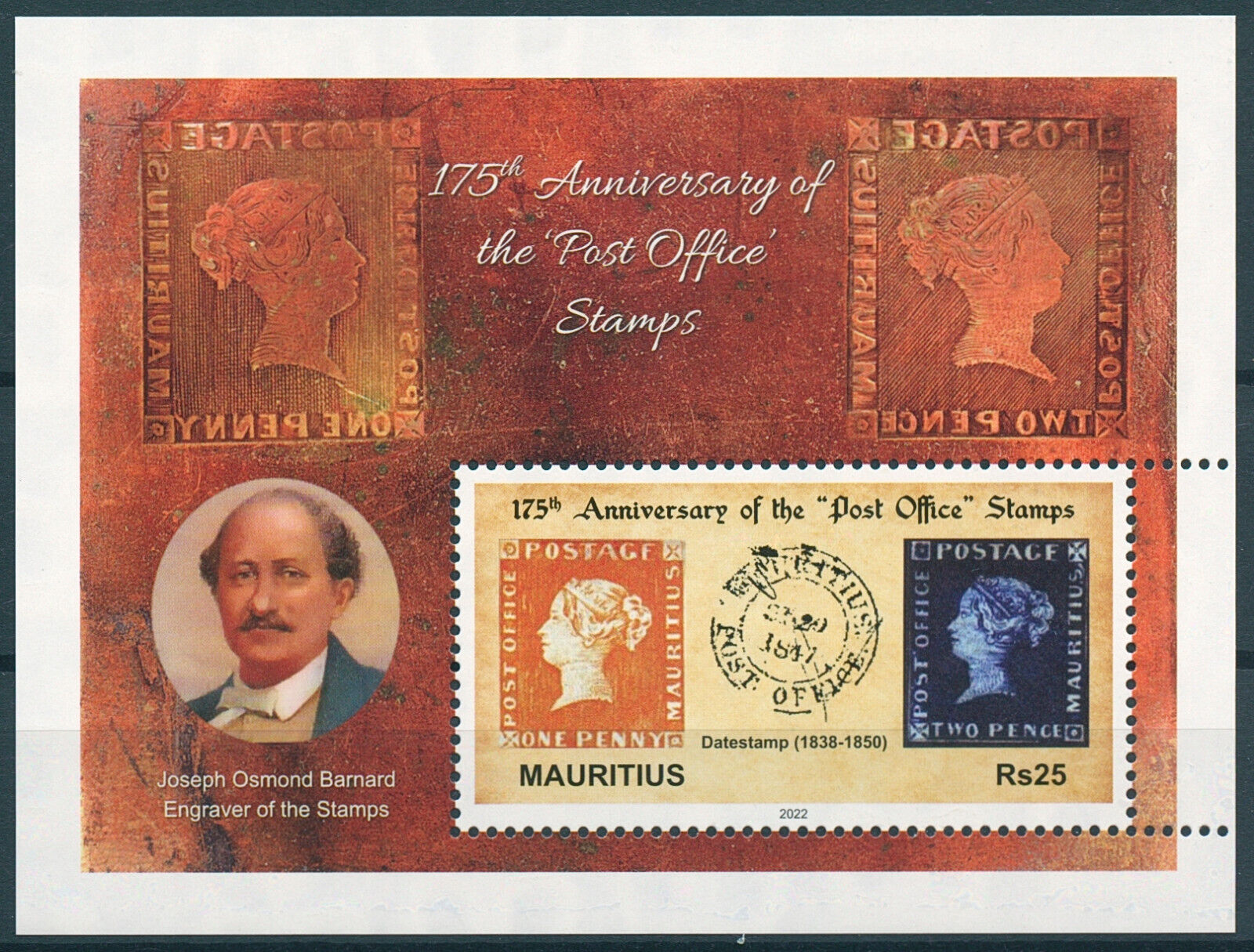 Mauritius 2022 MNH Stamps-on-Stamps Stamps Post Office Mauritius Blue Red 1v M/S