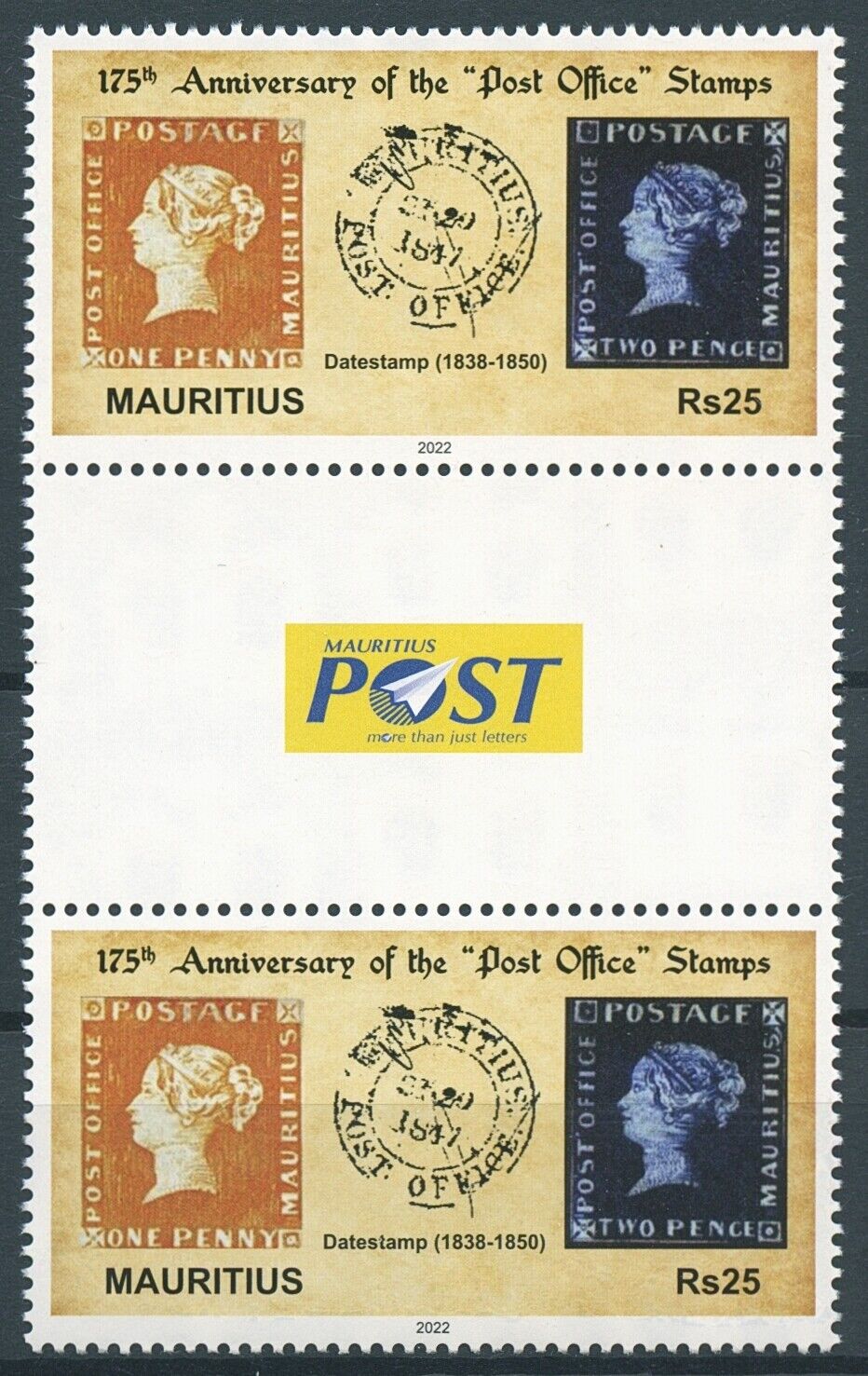 Mauritius 2022 MNH Stamps-on-Stamps Stamps Post Office Blue Red 2v Gutter Pair