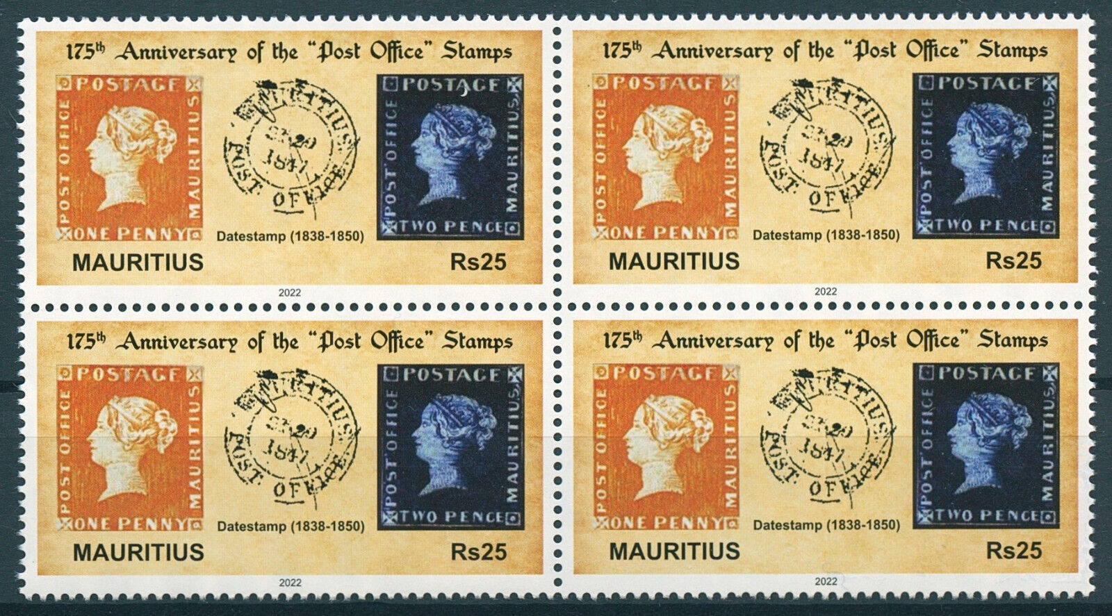 Mauritius 2022 MNH Stamps-on-Stamps Stamps Post Office Mauritius Blue 4v Block