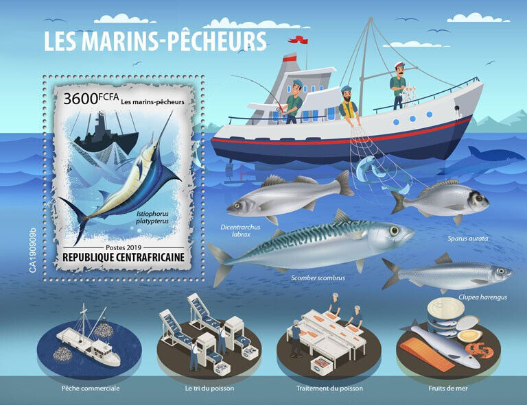 Central African Rep 2019 MNH Fish Stamps Fishing Boats Ships Nautical 1v S/S