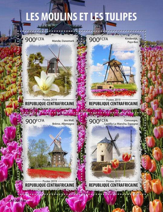 Central African Republic 2019 MNH Windmills & Tulips Stamps Flowers Flora 4v M/S
