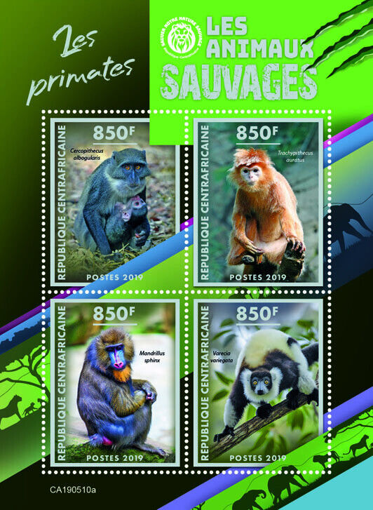 Central African Rep 2019 MNH Wild Animals Stamps Primates Monkeys Mandrill 4v MS