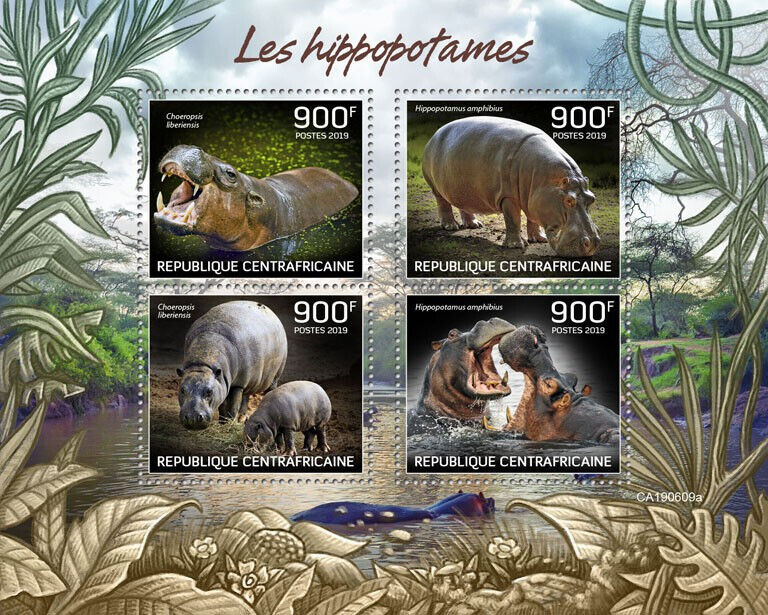 Central African Rep 2019 MNH Wild Animals Stamps Hippopotamus Hippos 4v M/S
