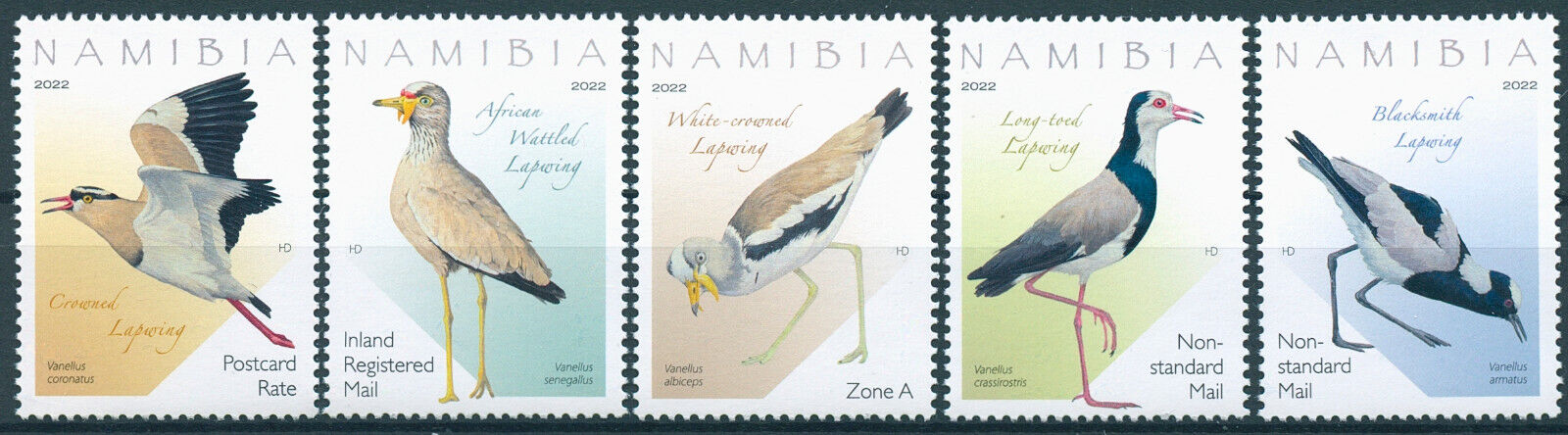 Namibia 2022 MNH Birds on Stamps Lapwings Blacksmith Crowned Lapwing 5v Set