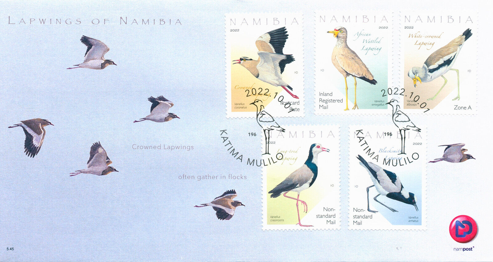Namibia 2022 FDC Birds on Stamps Lapwings Blacksmith Crowned Lapwing 5v Set