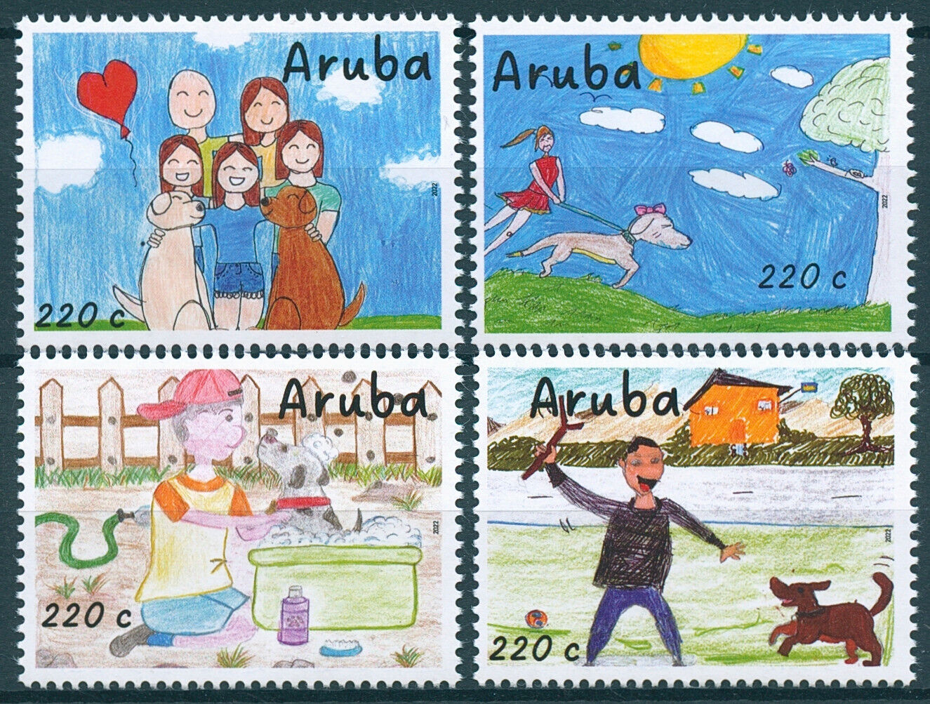 Aruba 2022 MNH Dogs Stamps Children's Art Love Your Dog Pets 4v Set