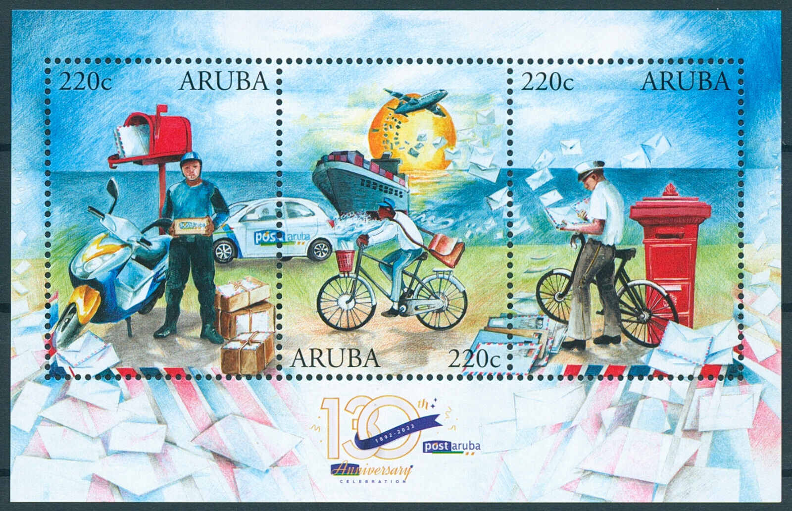 Aruba 2022 MNH Postal Services Stamps Post Aruba Bicycles Motorcycles 3v M/S
