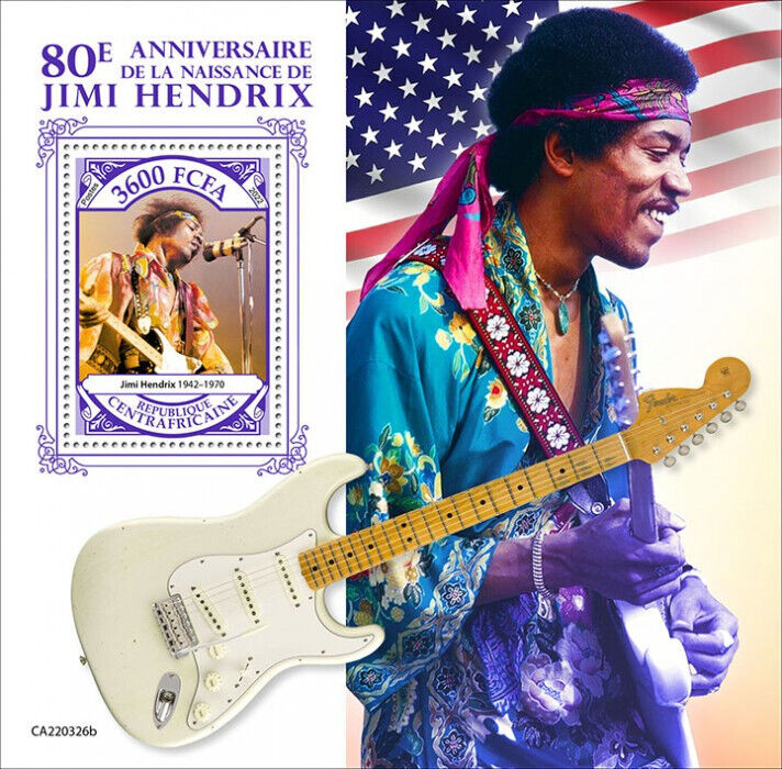 Central African Rep 2022 MNH Music Stamps Jimi Hendrix Famous People 1v S/S