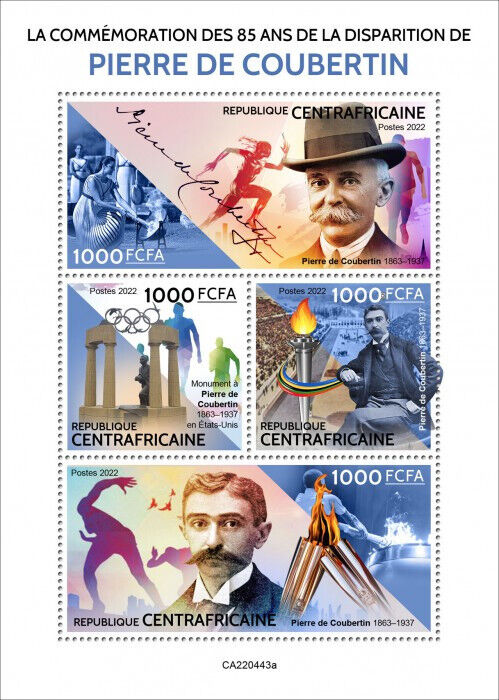 Central African Rep 2022 MNH Olympics Stamps Pierre de Coubertin Sports 4v M/S