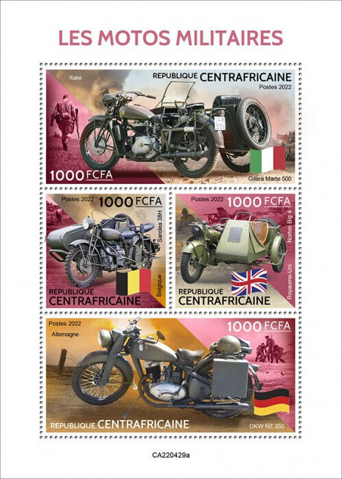 Central African Rep 2022 MNH Military Motorcycles Stamps Norton Big 4 DKW 4v M/S