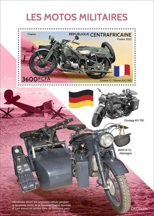 Central African Rep 2022 MNH Military Motorcycles Stamps Gnome ET Rhone 1v S/S