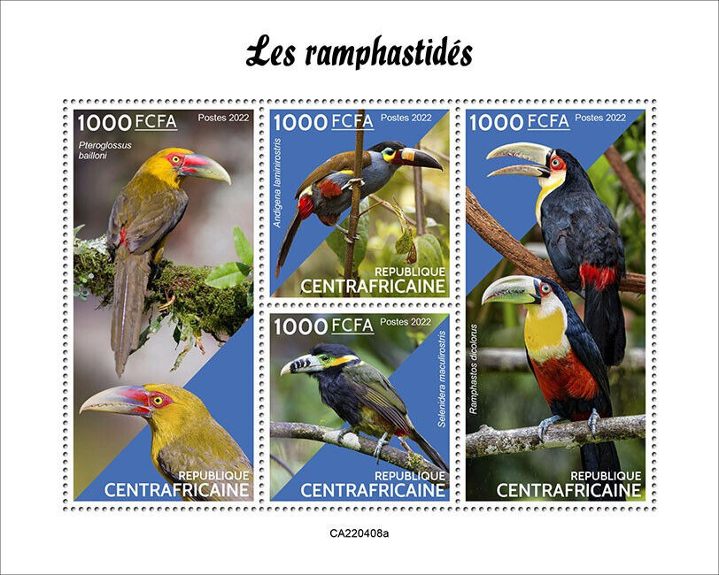 Central African Rep 2022 MNH Birds on Stamps Toucans Saffron Toucanet 4v M/S