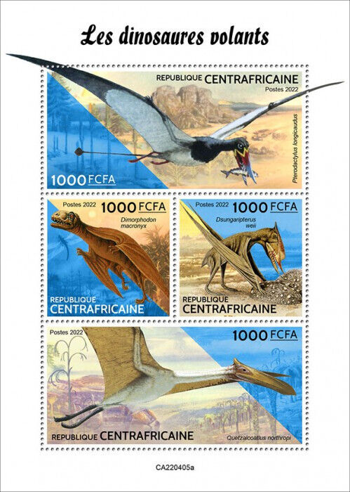 Central African Rep 2022 MNH Flying Dinosaurs Stamps Prehistoric Animals 4v M/S