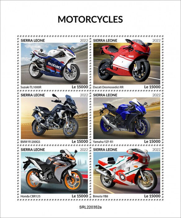 Sierra Leone 2022 MNH Motorcycles Stamps Suzuki Ducati Yamaha Motorcycle 6v M/S