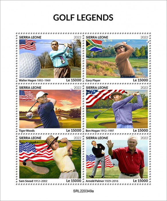 Sierra Leone 2022 MNH Sports Stamps Golf Legends Tiger Woods Gary Player 6v M/S