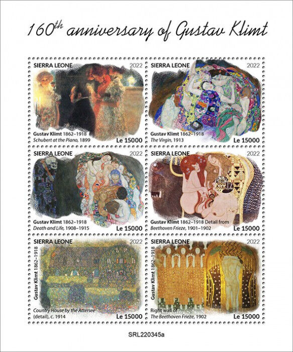 Sierra Leone 2022 MNH Art Stamps Gustav Klimt Paintings Beethoven Frieze 6v M/S