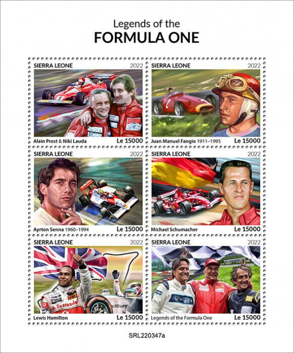 Sierra Leone 2022 MNH Sports Stamps F1 Formula 1 Racing Senna Fangio Prost 6v M/S