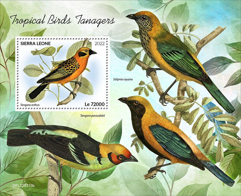 Sierra Leone 2022 MNH Tropical Birds on Stamps Tanagers Golden Tanager 1v S/S