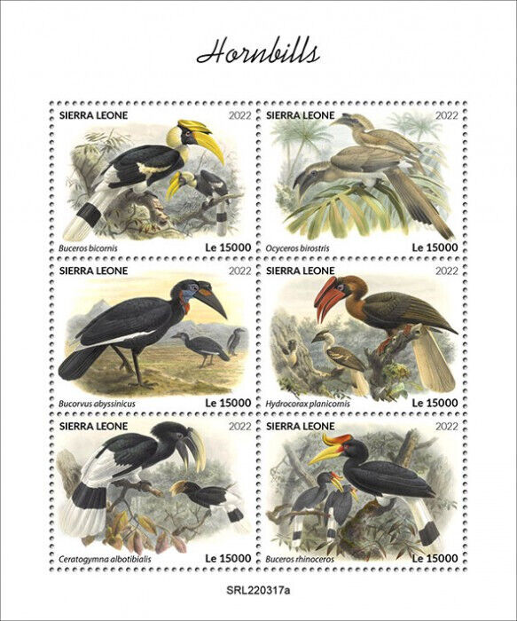 Sierra Leone 2022 MNH Birds on Stamps Hornbills Great Hornbill 6v M/S