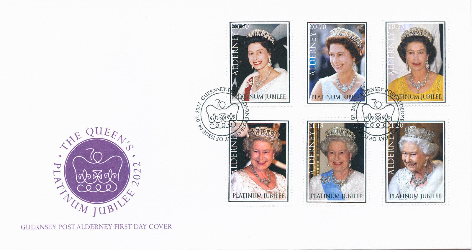 Alderney 2022 FDC Royalty Stamps Queen Elizabeth II Platinum Jubilee 6v Set