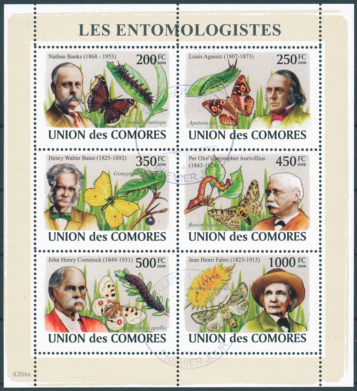 Comoros 2008 CTO Insects Stamps Entomologists Butterflies Moths Fabre 6v M/S