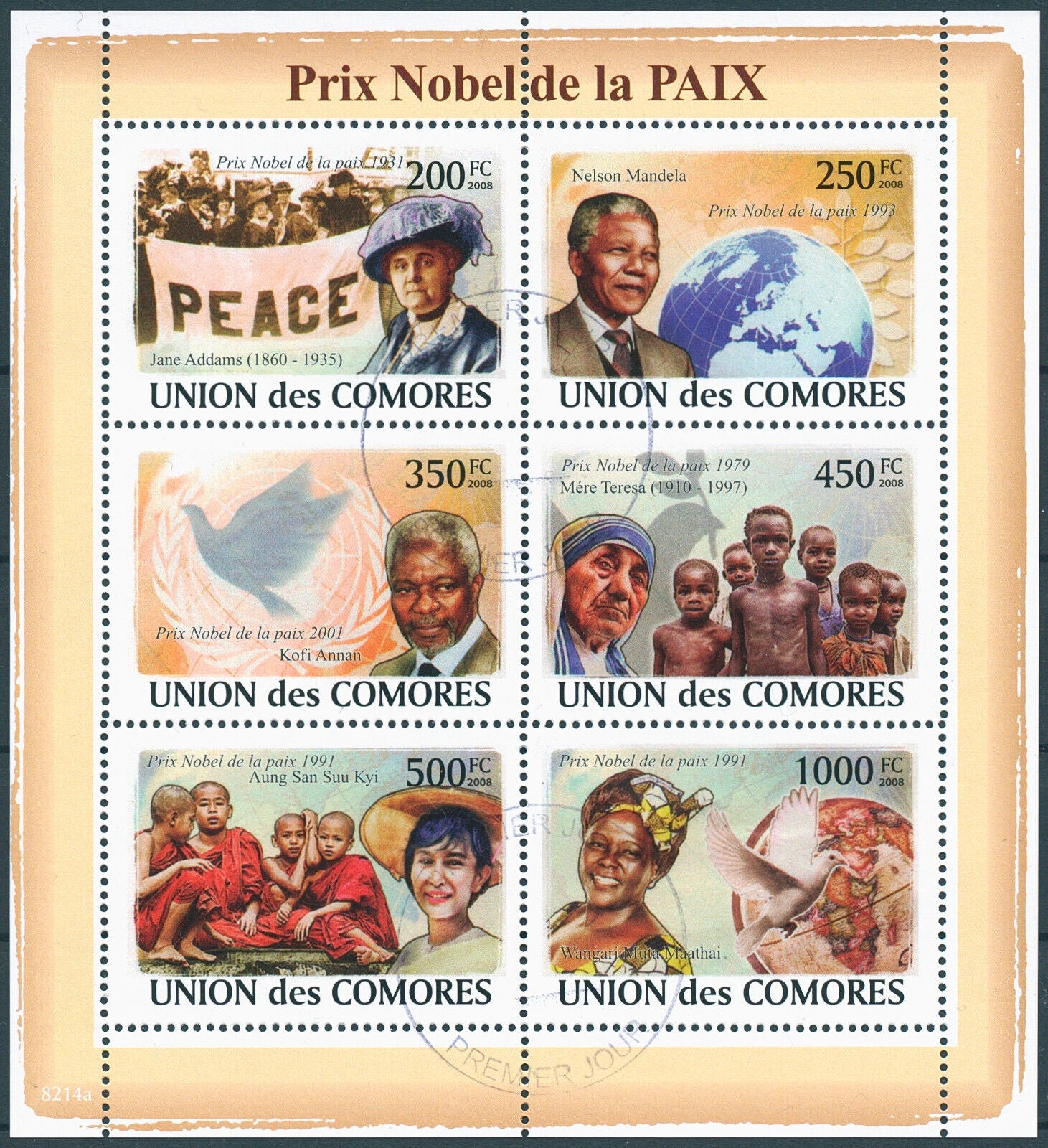 Comoros 2008 CTO Nobel Peace Prize Stamps Nelson Mandela Mother Teresa 6v M/S