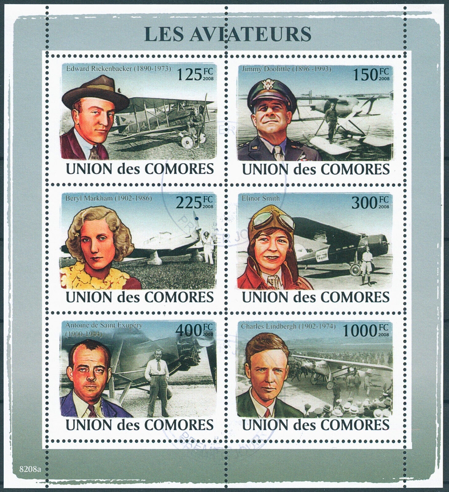 Comoros 2008 CTO Aviation Pioneers Stamps Charles Lindbergh Doolittle 6v M/S