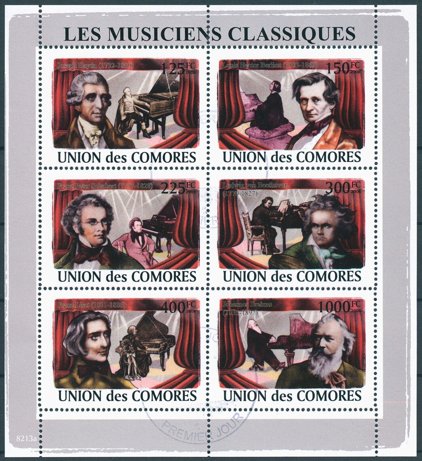 Comoros 2008 CTO Music Stamps Composers Schubert Beethoven Haydn Liszt 6v M/S