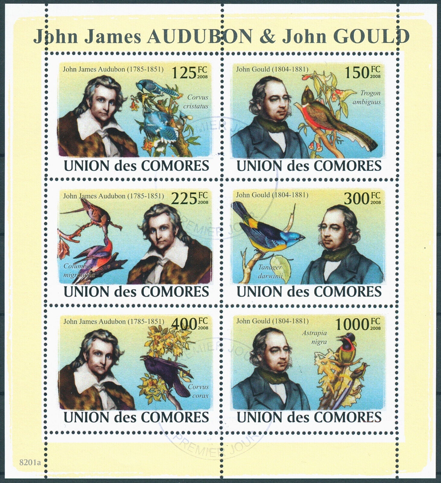 Comoros 2008 CTO Birds on Stamps John James Audubon John Gould Ornithology 6v MS
