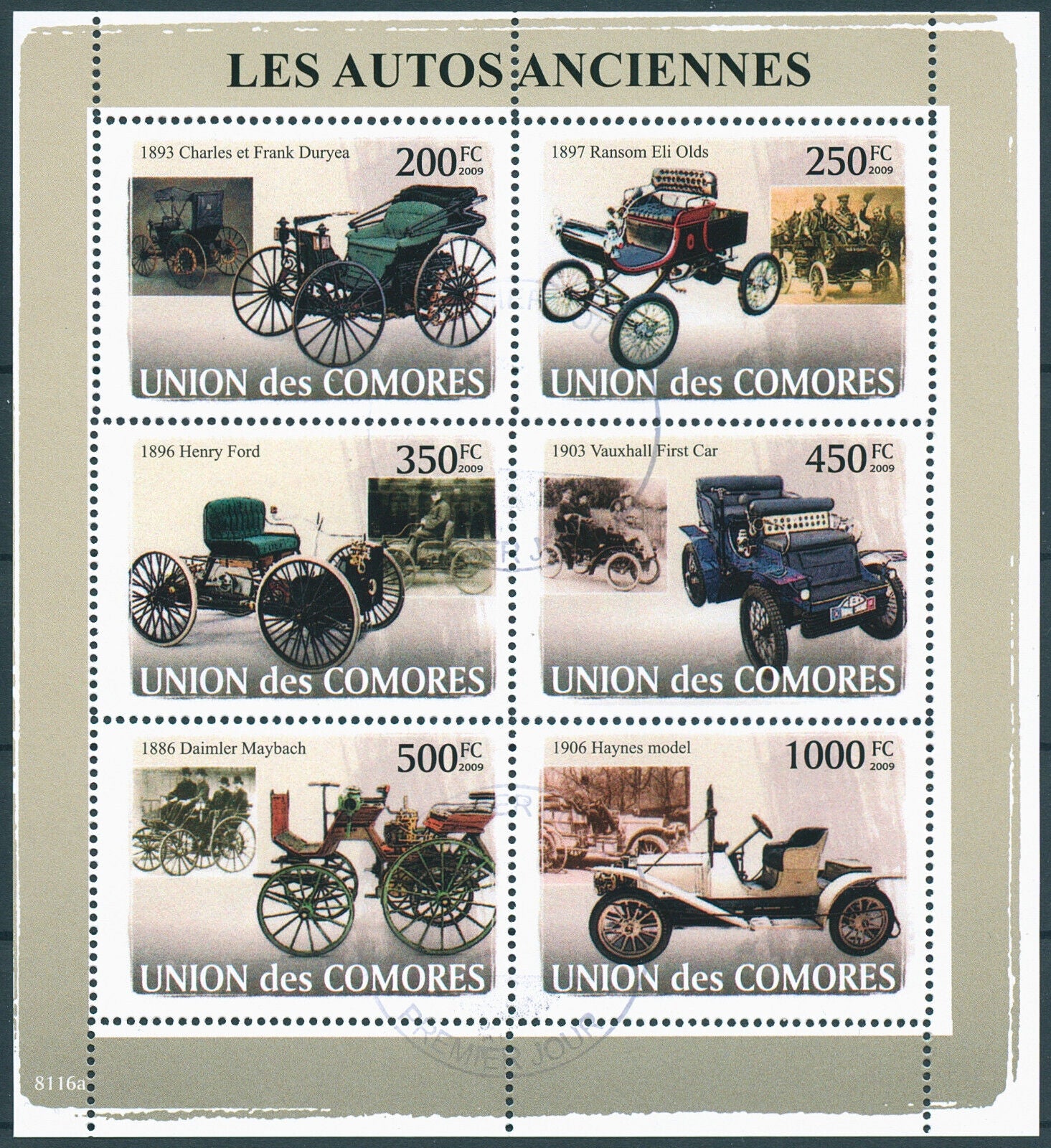 Comoros 2009 CTO Old Cars Stamps Daimler Maybach Henry Ford Haynes 6v M/S