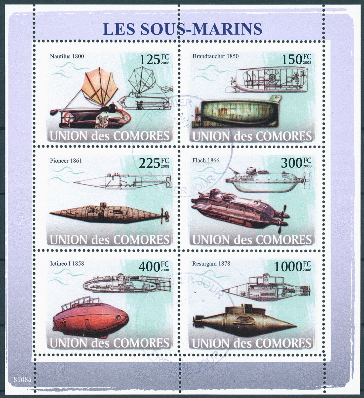 Comoros 2008 CTO Ships Stamps Submarines Nautical Nautilus Ictineo Flach 6v M/S