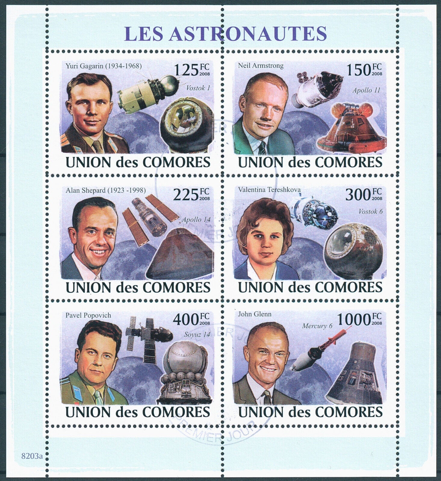 Comoros 2008 CTO Space Stamps Astronauts Yuri Gagarin Neil Armstrong Glenn 6v MS