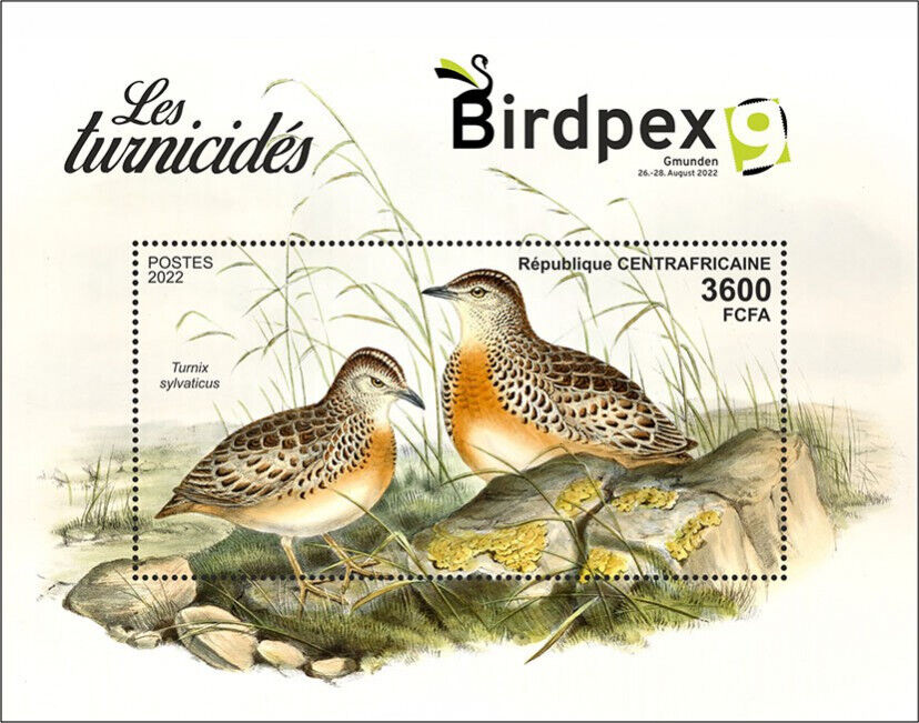 Central African Rep 2022 MNH Birds on Stamps Birdpex Gmunden Buttonquails 1v S/S