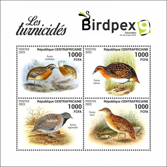 Central African Rep 2022 MNH Birds on Stamps Birdpex Gmunden Buttonquails 4v M/S