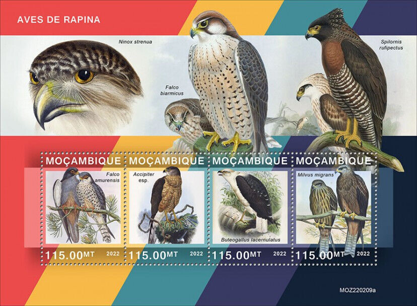 Mozambique 2022 MNH Birds of Prey on Stamps Hawks Black Kite Amur Falcon 4v M/S